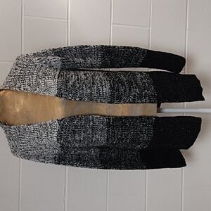 Cardigan Sweater Black Winter White Silver Wide Stripe Large Side Slits